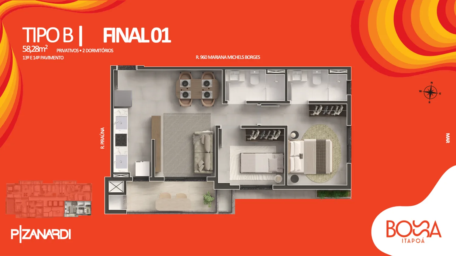 Planta de 2 quartos — Bossa Itapoá