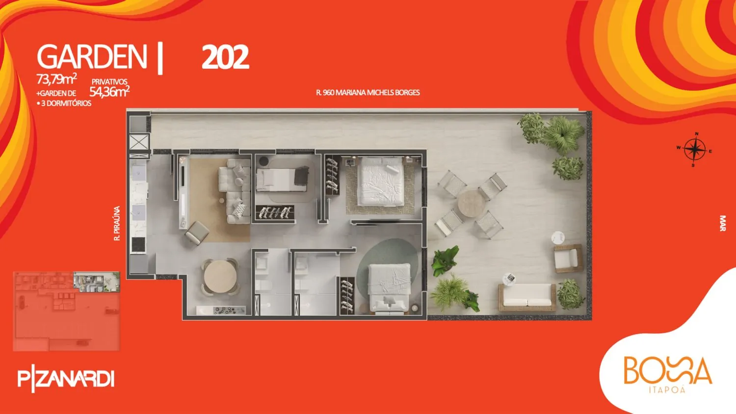 Planta de 3 quartos — Bossa Itapoá